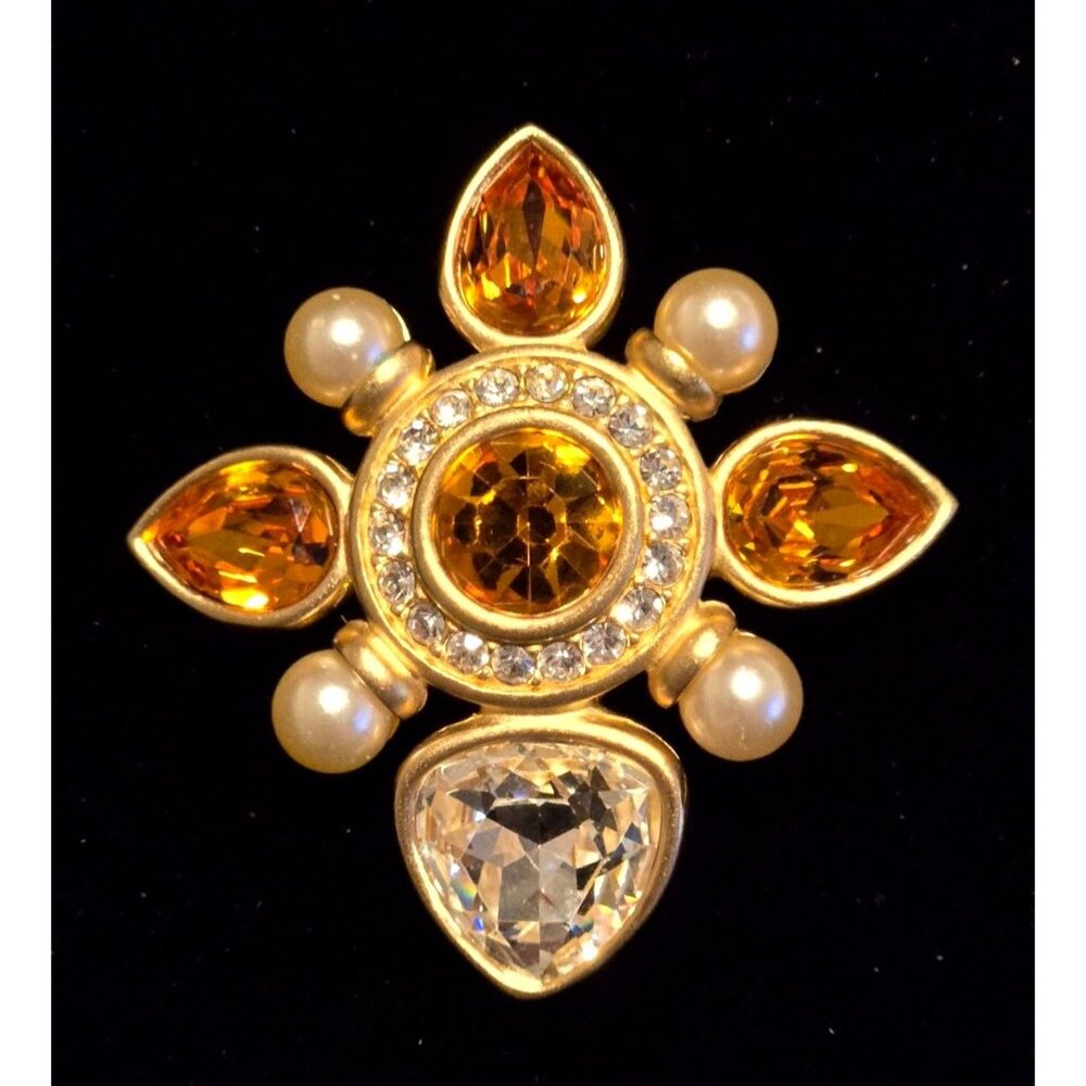 Swarovski Swan Citrine-Pearl-Clear Crystal Brooch Signed Vintage